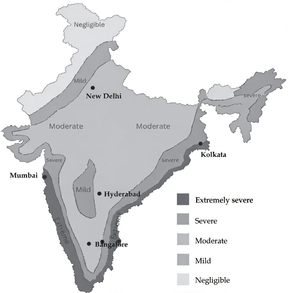 Atmospheric corrosion zones of India showing extremely severe, severe, moderate, mild, and negligible categories